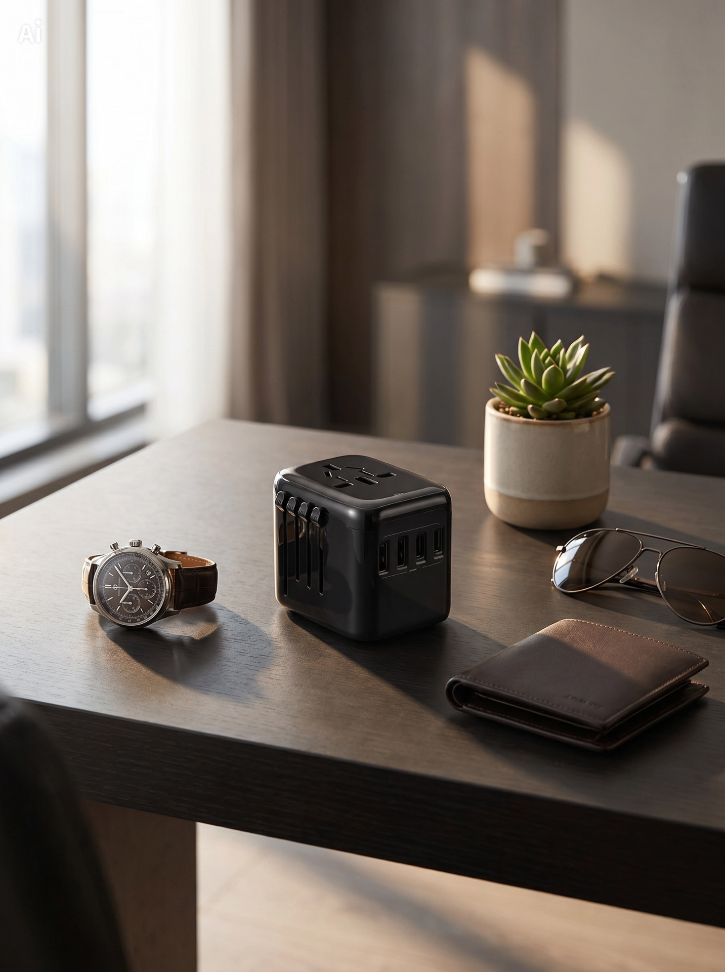 NovaCharge GaN 65W universal travel adapter on a desk