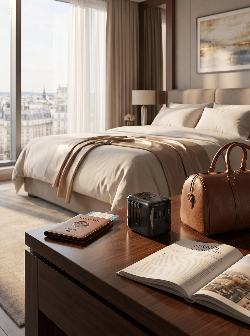 NovaCharge GaN 65W in a luxury hotel room with passport and travel bag