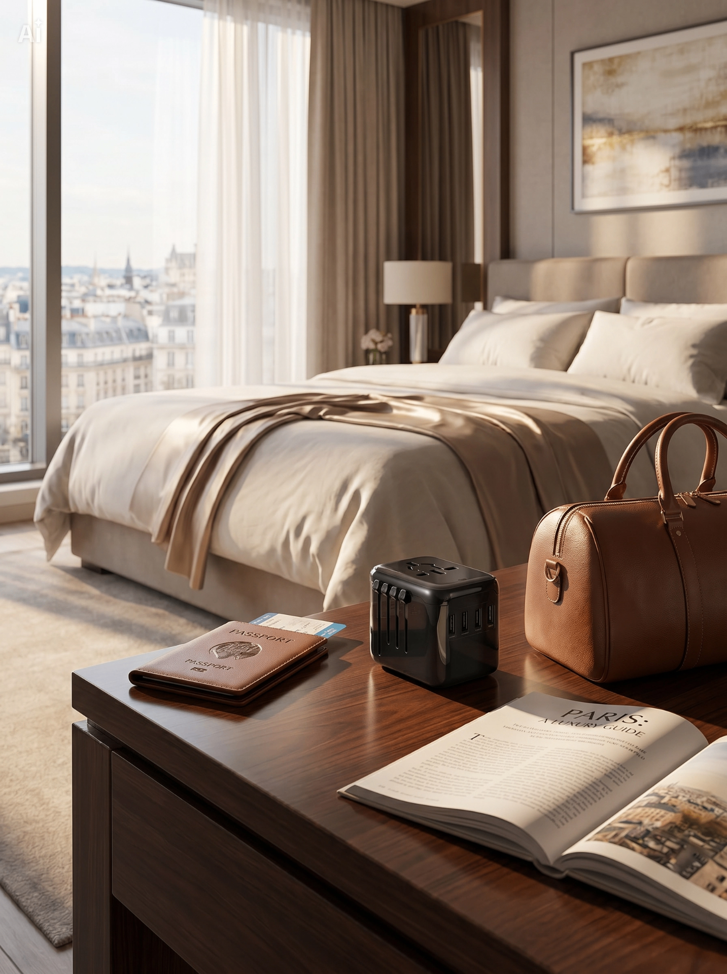 NovaCharge GaN 65W in a luxury hotel room with passport and travel bag