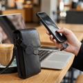 NovaGuard Anti-Theft Phone Tether on leather bag at a cafe