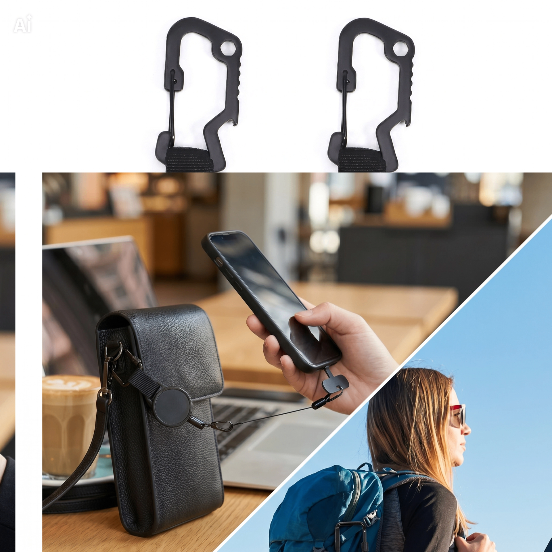 NovaGuard heavy-duty carabiner clips with travel and outdoor scenes